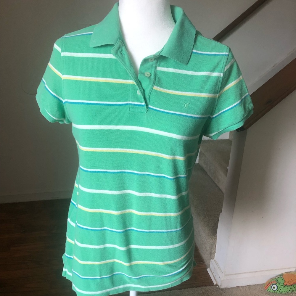 American Eagle Outfitters Medium Green Striped Polo Shirt
